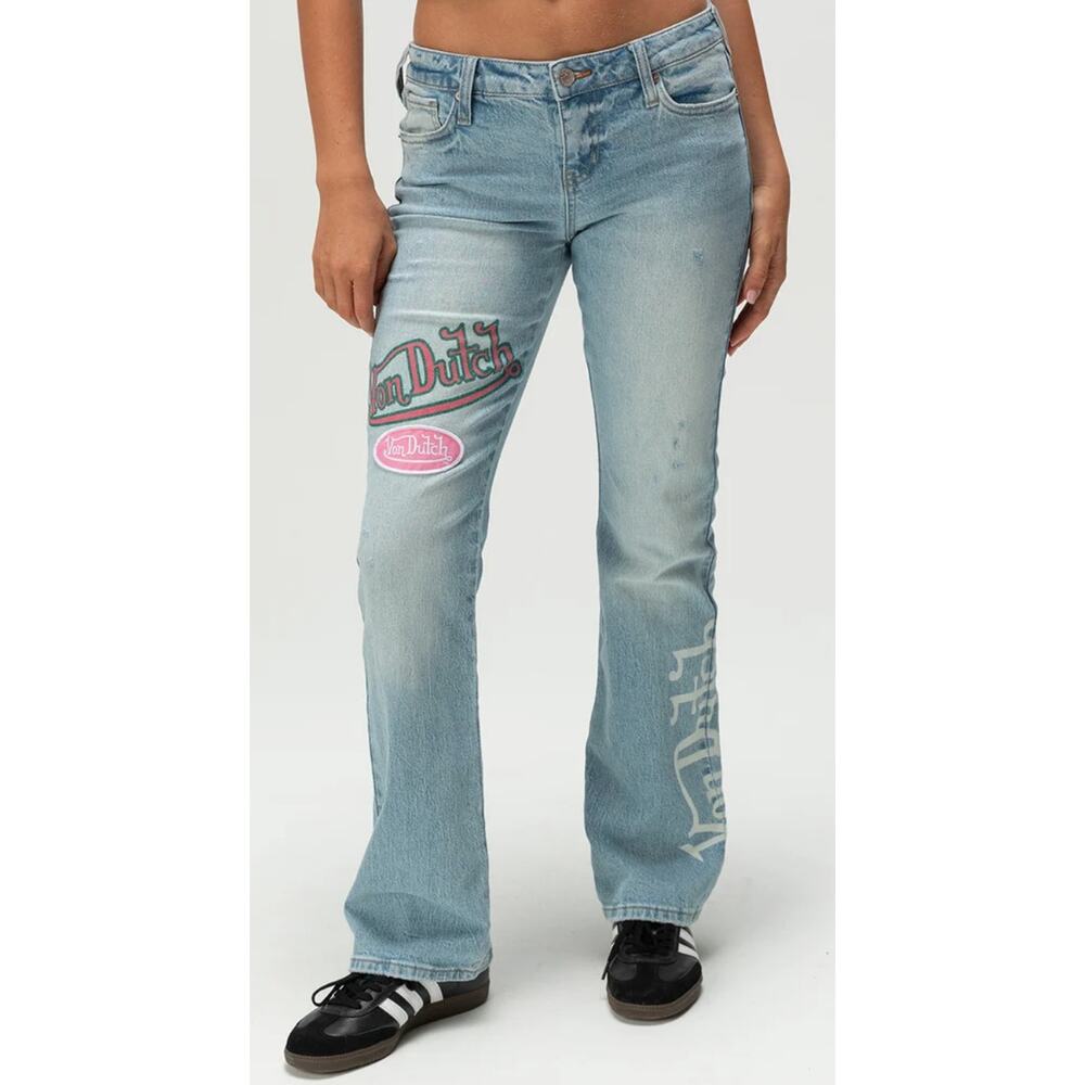 Von Dutch NEW Low Rise Bootcut Jean Y2K Embroidered Patch Denim Trashy Chic Logo